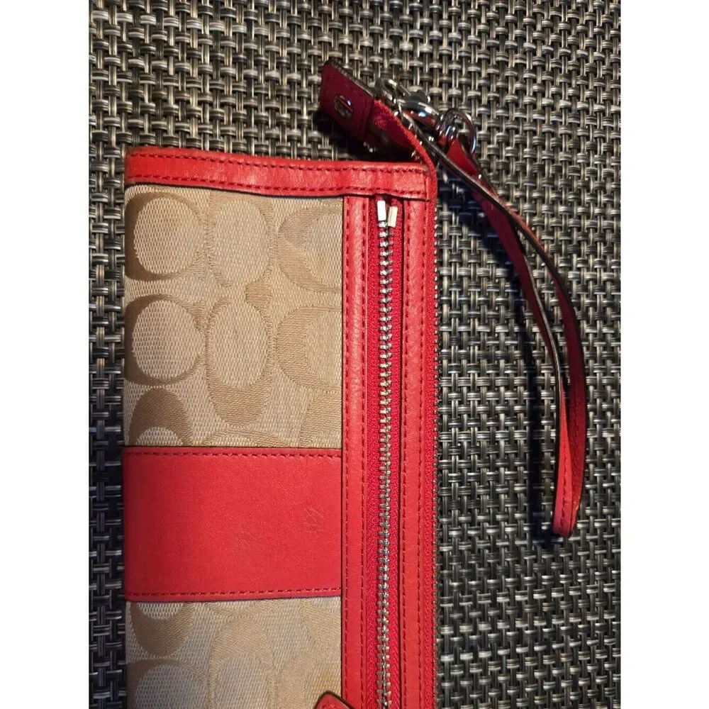 Coach Light Khaki Legacy Orange Coral Stripped Signature Wallet Wristlet